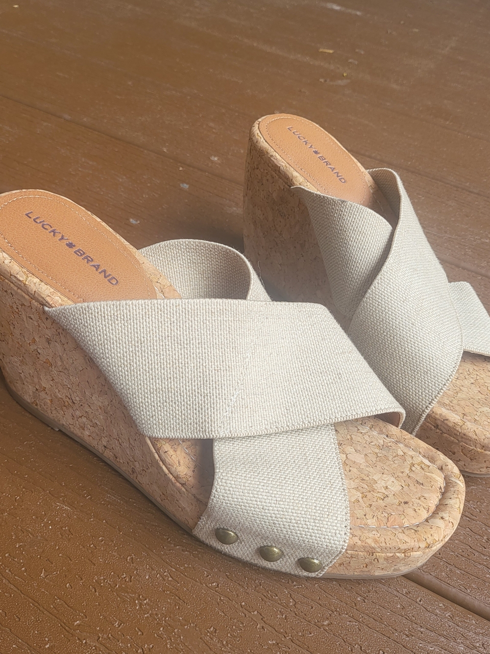 LUCKY BRAND Valmai Cork Platform Wedge, Slip-On, Tan stretch, Sandals - 9